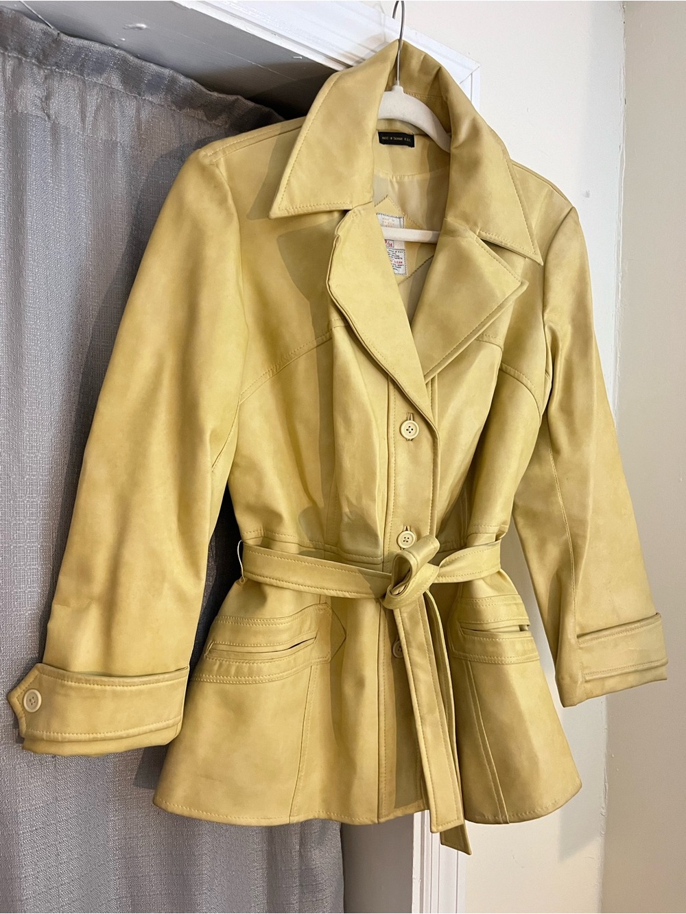 70s Vintage Women's Faux Leather Trench Jacket Butter Yellow